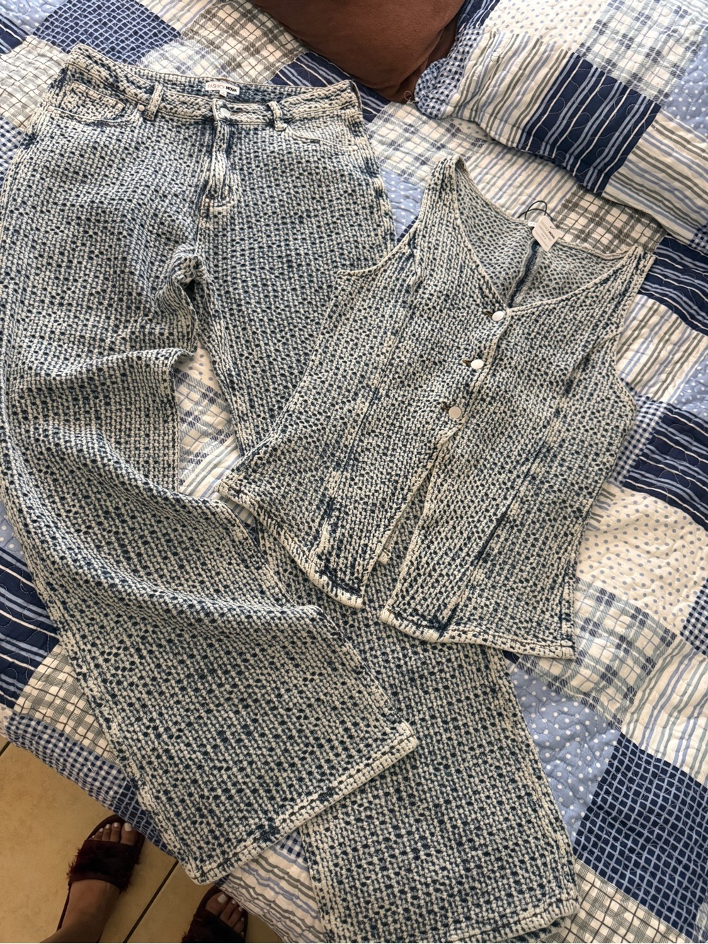 Blue & White Knit Two-Piece Set - Sleeveless Button Vest + Pants